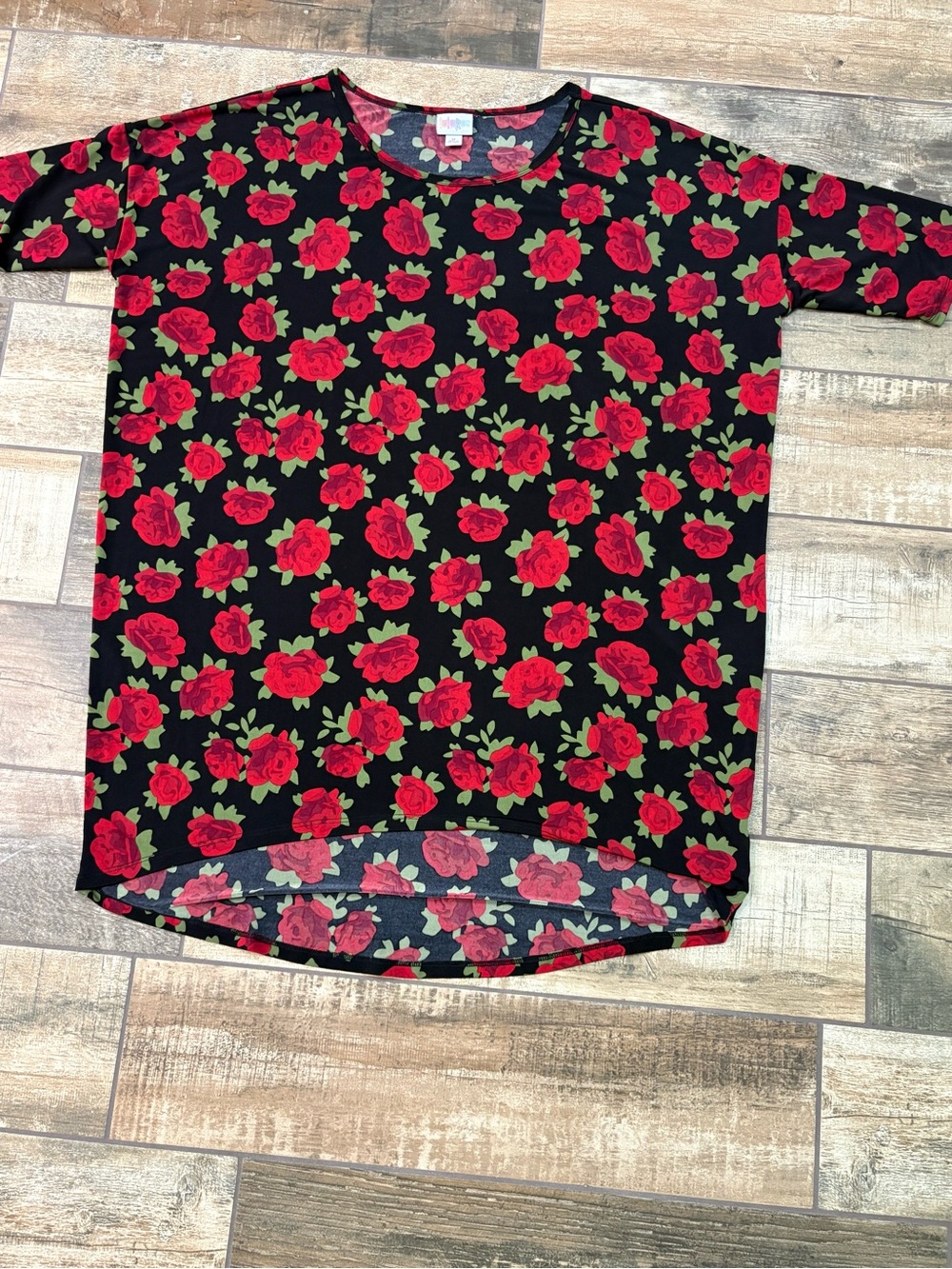 LuLaRoe Black Tee with Red Rose Print